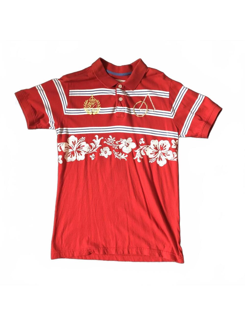 Red Camel Boys XL Red Polo Shirt with White Stripes and Floral Print